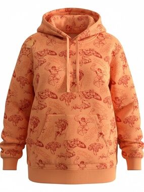 Marvel ladies 4X Orange & Pink Allover Print Hoodie. Superheroes battling